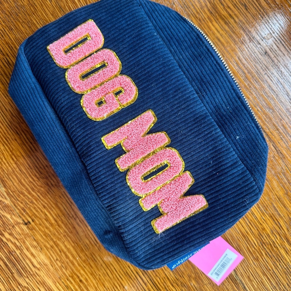 Simply Southern Navy Corduroy Cosmetic Bag with Pink 'DOG MOM'